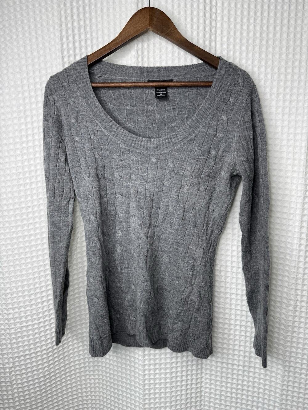 New York & Company Women’s M Gray Cable Knit Scoop Neck Pullover Sweater